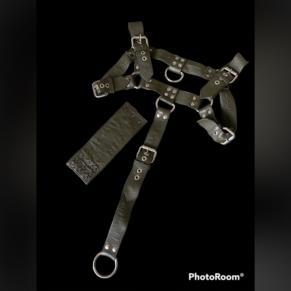 Green Leather Harness and wrist wallet